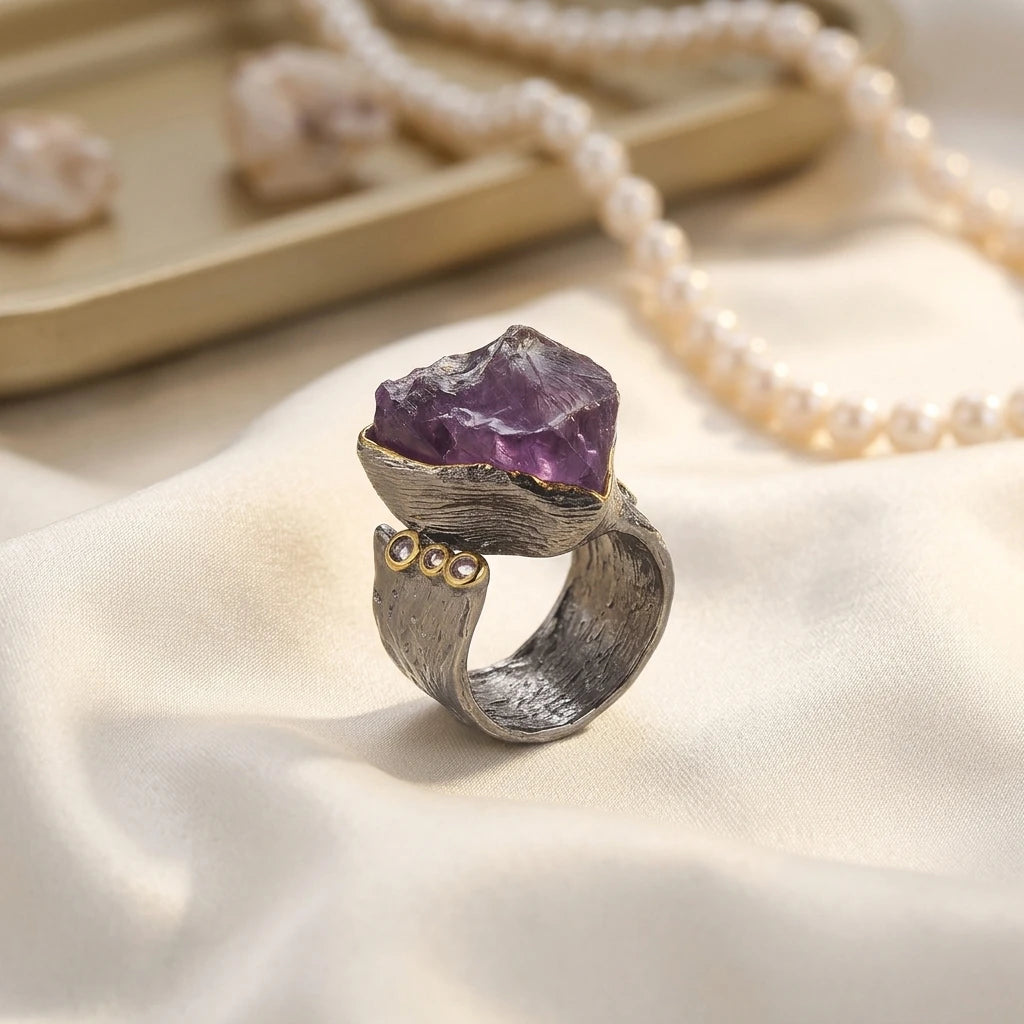 Impressive Look Big Amethyst Stone 925 Sterling Silver Handmade Ring With White Zircon Wholesaler