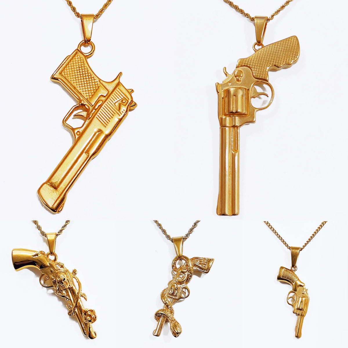 BiG-BOSS Trendy Necklace Stainless Steel 18k Gold Plated Rose Gun Pendant Rope Chain Men Hiphops Hand Gun Pendant Maxi Necklace
