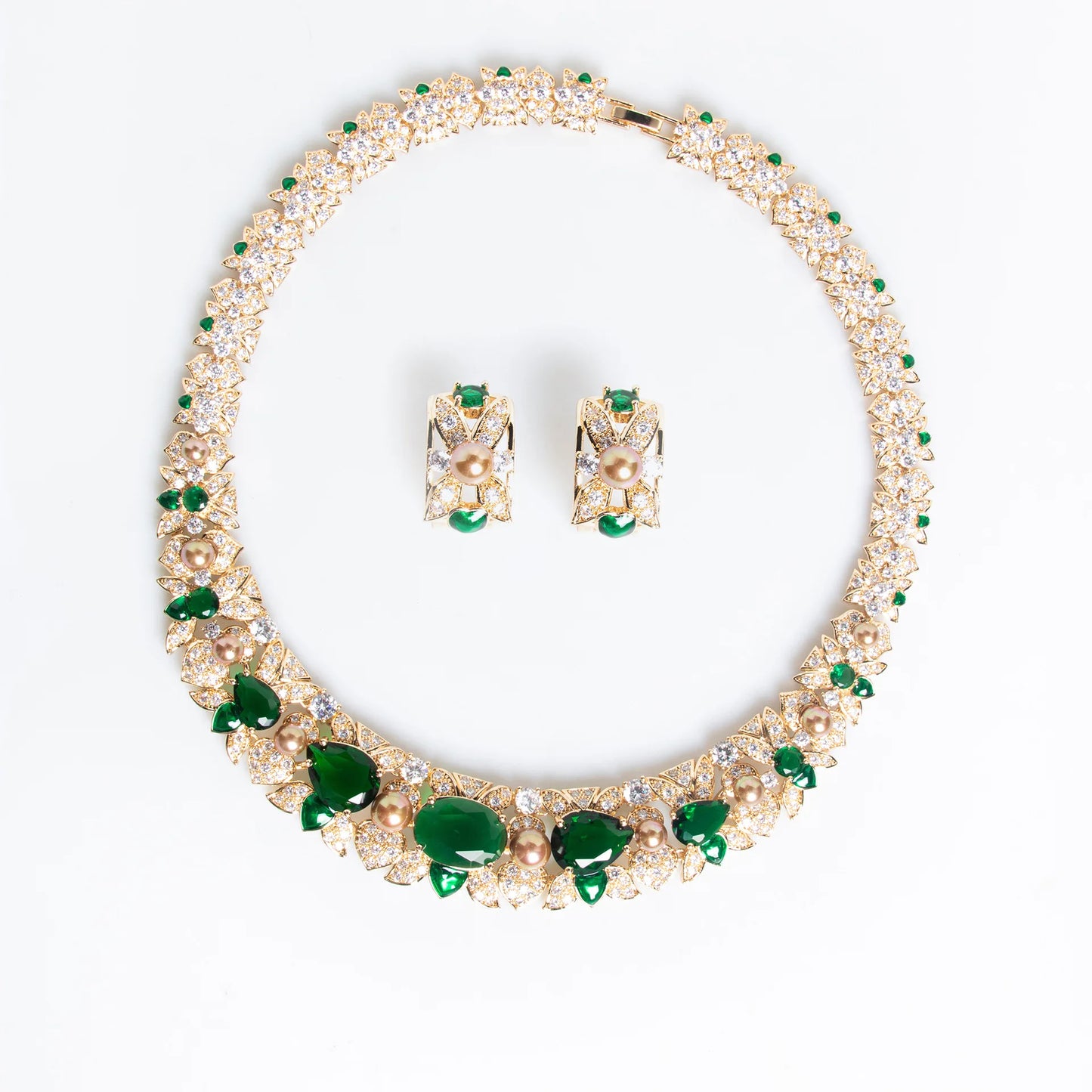 Luxury Oval-Cut Zirconia & Imitation Pearl Classic Choker Necklace & Earrings Bridal Set — Gold & Rhodium Plated