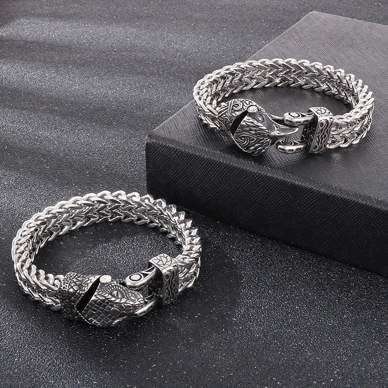 KALEN 220mm Men Punk Stainless Steel Snake/Eagle/Wolf Head Clasp Links Bracelet