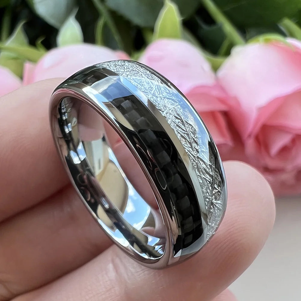 Coolstyle Jewelry 8mm Wholesale Meteorite Carbon Fiber Inlay Tungsten Ring for Men Women Fashion Engagement Wedding Band