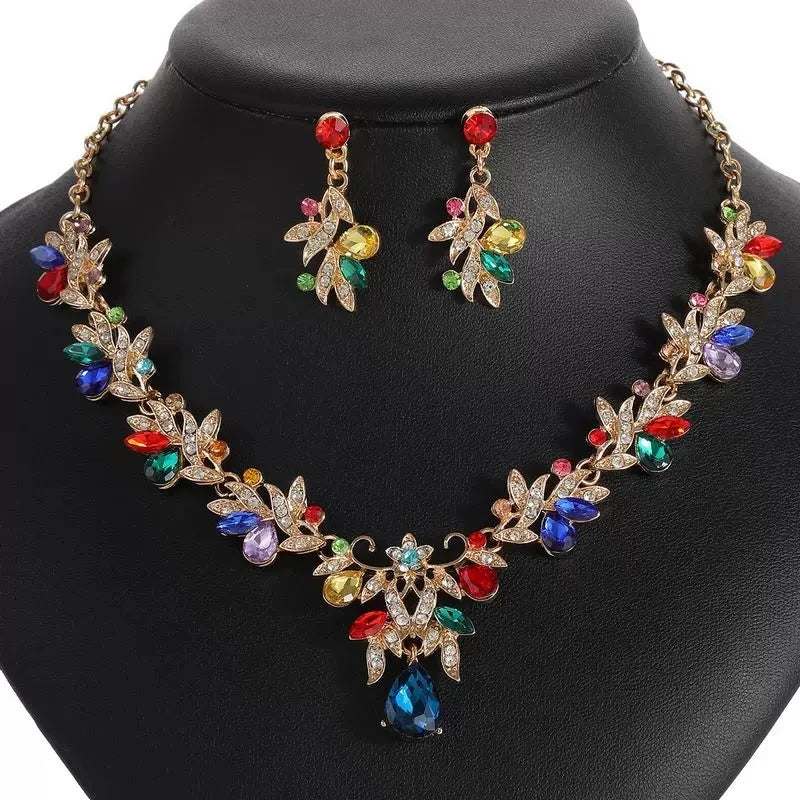 XM S391 Gold Plated Marquise Zircon Rhinestone Floral Necklace & Earrings Bridal Set