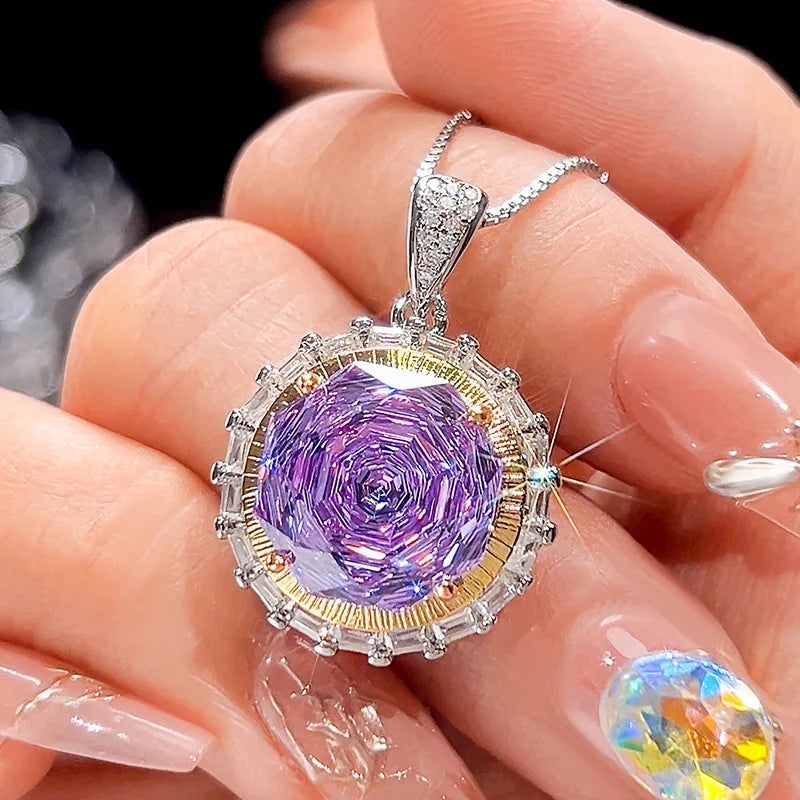 Gemfiori Luxury Round Violet Fashion Personality Atmosphere Pattern Flower Feminine Elegance Purple Zircon Jewelry Set