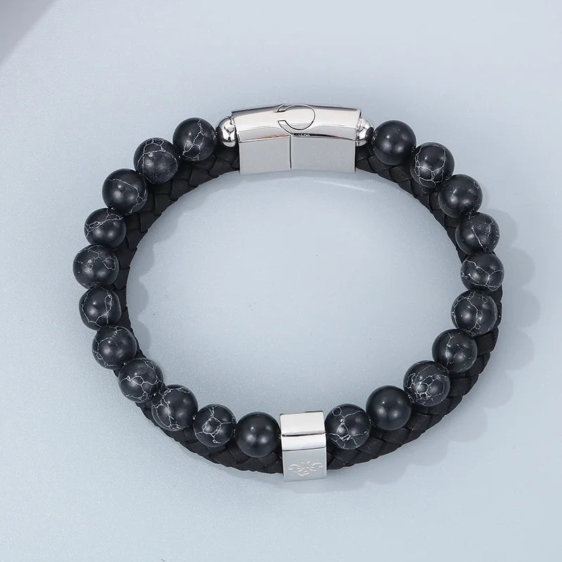 KALEN 210mm Men Mature Stainless Steel Beads&Cowhide Leather Bracelet