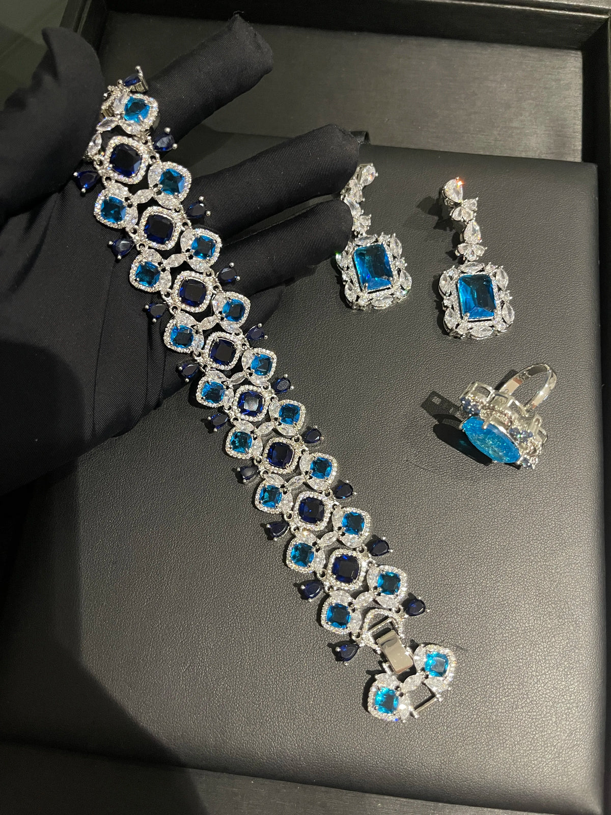 XOTICA TIANSHE Luxury Blue Gemstone Jewelry Long Drop Earrings Bracelet Ring 3Pcs Set Wedding Banquet for Women