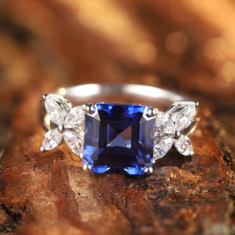 Gemfiori Vintage Engagement Ring 925 Sterling Silver 2 Carat Lab Grown Sapphire Rhodium Plated Prong Setting for Women's Wedding