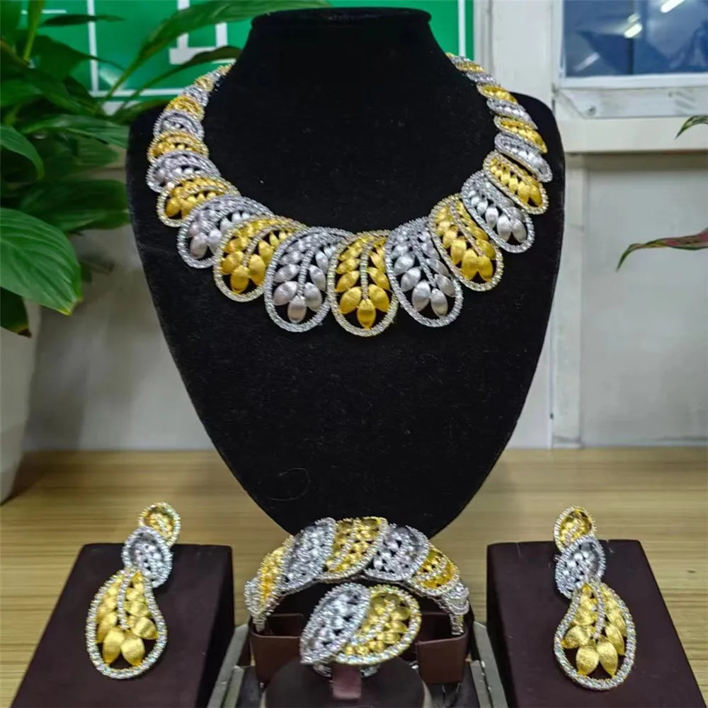 Zhuerrui Luxury Cubic Zirconia Jewelry Set American Diamond Folha Jewelry Sets Necklace Bracelet Earrings Ring Jewellery Sets