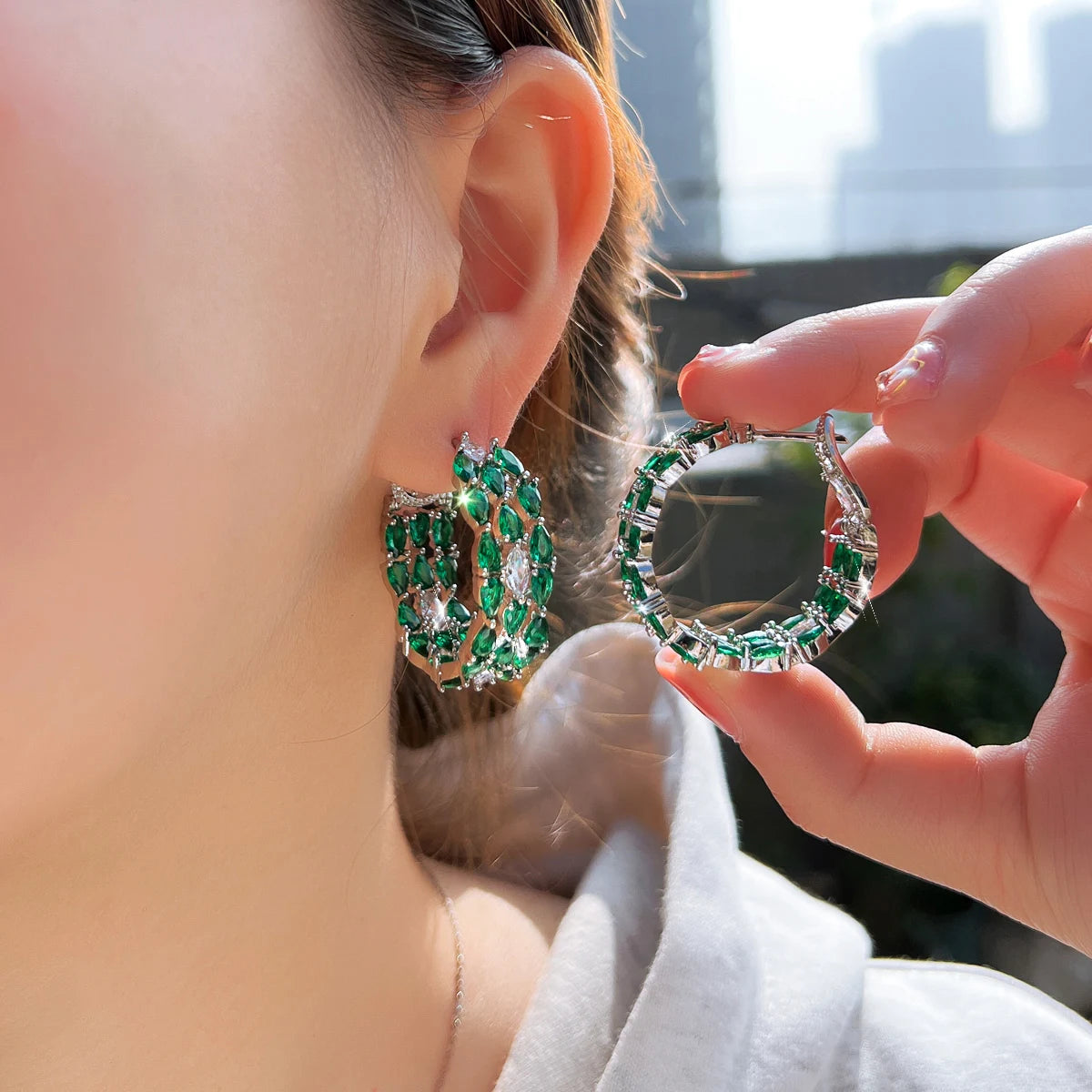 S&S Green Water Drop Pear-Cut CZ Hoop Earrings – Rhodium Silver Plated – Collection