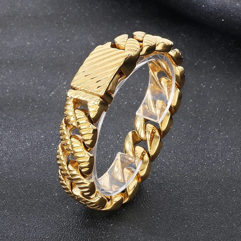 KALEN Vintage Fine Jewelry Fashion Bracelets Men Stainless Steel Striped Cuban Links Bracelet Bangle