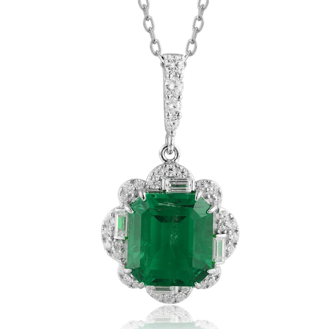 Gemfiori Anster 925 Sterling Silver High-quality Cultivated Emerald Necklace - Suitable for Parties or As a Gift