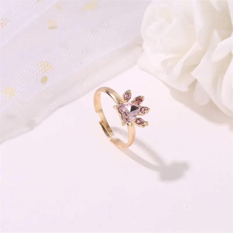REDheart 4Pcs/Set Pink Crystal Bear Paw Cat Claw Wedding Jewelry Set Women Necklace Bracelet Ring Earrings