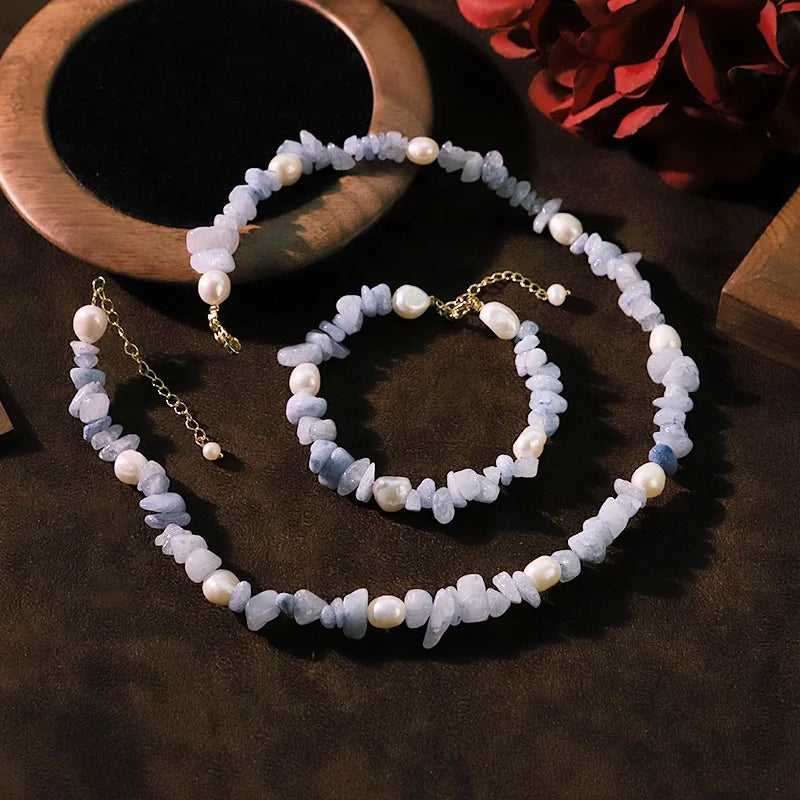 Natural Freshwater Pearl Blue Natural Stone Jewelry  Set for Women Festivals  Necklace Bracelet Set for Women Bohemian Jewelry