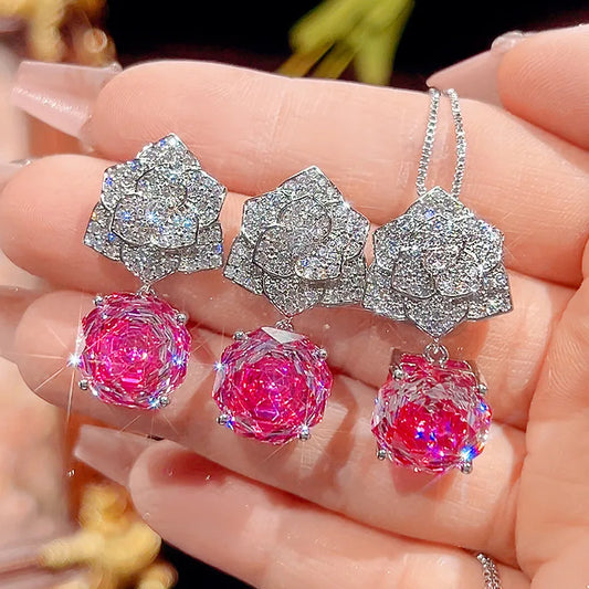 Gemfiori High Quality Luxury Rose Pendant Necklace Earring Set for Women Sparkling pink Zircon Earrings Engagement Party Accessories