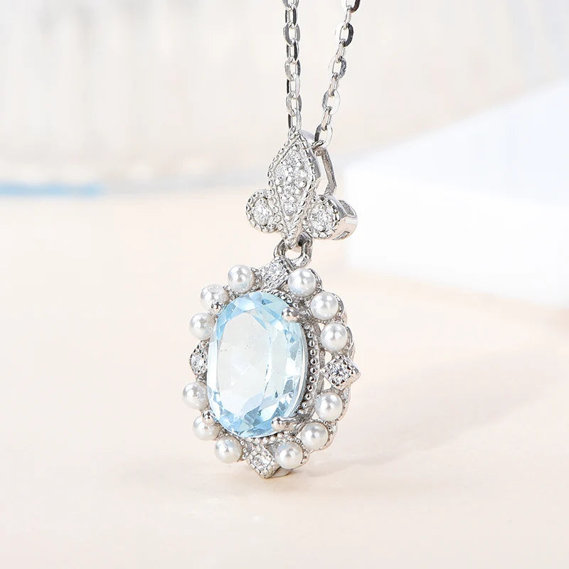 Gioiellieri Custom Women's Necklace Rhodium Plated Oval Cut Sky Topaz 925 Sterling Silver Pendant Natural Stone Claw Setting CMA