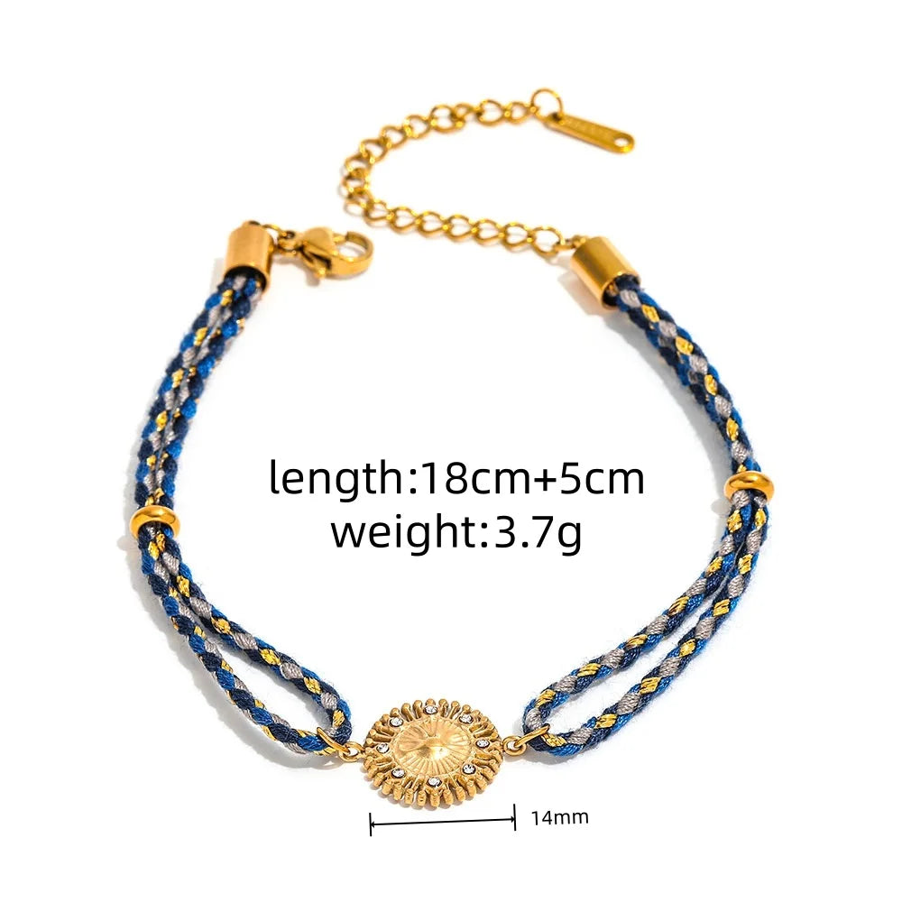 Joolim High End Gold Plated Waterproof Boho Woven Rope Sunburst Zirconia Pendant Stainless Steel Bracelet Wholesale Jewelry