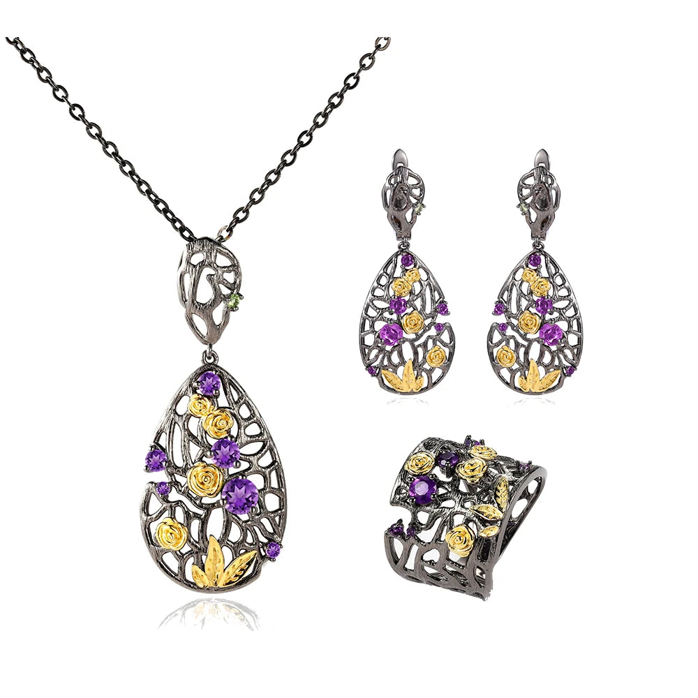 ArtistA C7937 Abiding French Vintage Amethyst Jewelry Set 925 Sterling Silver Gold Plated Midnight Rose Natural Amethyst Niche Jewelry