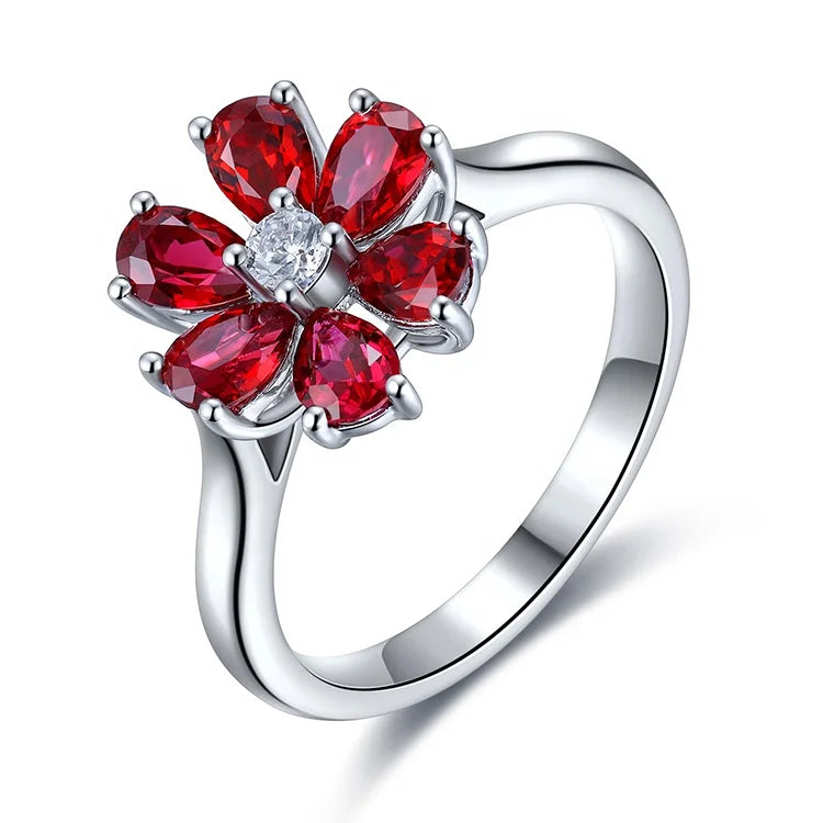 Gemfiori Best Quality 925 Silver Rings Emerald Ruby Sapphire Engagement Wedding Party Jewelry Pear Cut Rhodium Anniversary