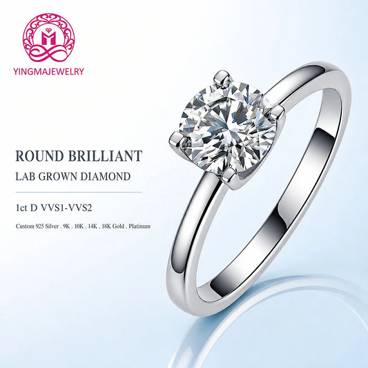 Classic 4 Prong Round Brilliant Lab Grown Diamond Ring 1CT D VVS1 VVS2 9K 10K 14K 18K Gold Women Fine Fashion Jewelry