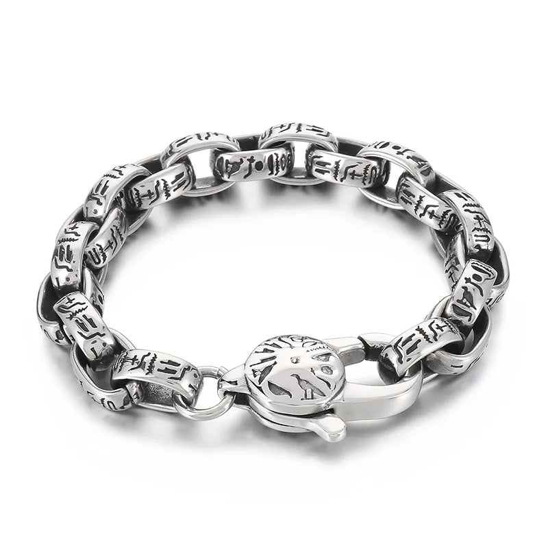 KALEN 230mm Men Punk Ancient Words Stainless Steel Oval Links Bracelet With Lobster Clasp