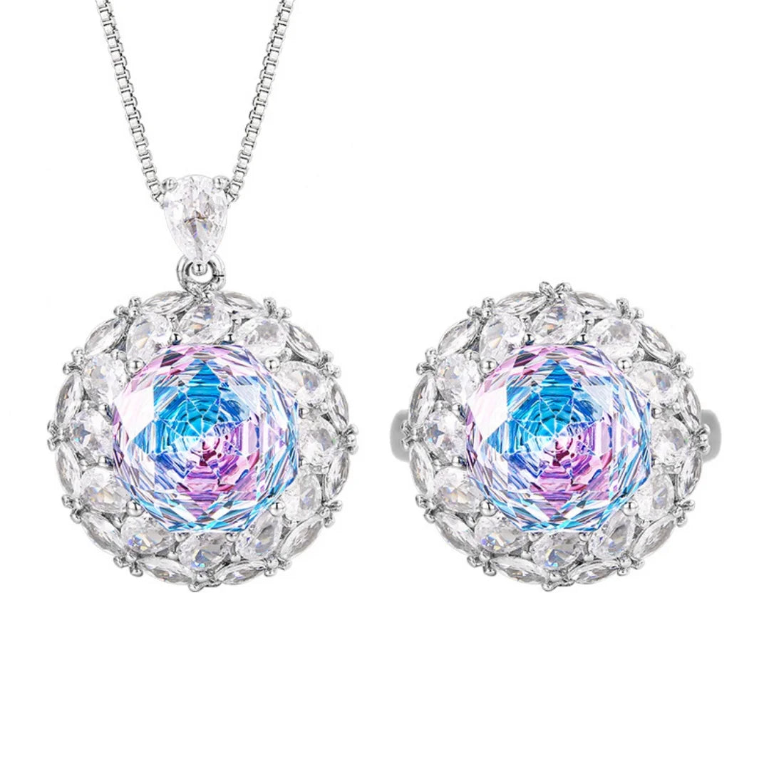 S&S Colour-Shifting Zircon Jewellery Set – Pendant & Ring – Navy Blue & Pink – Collection