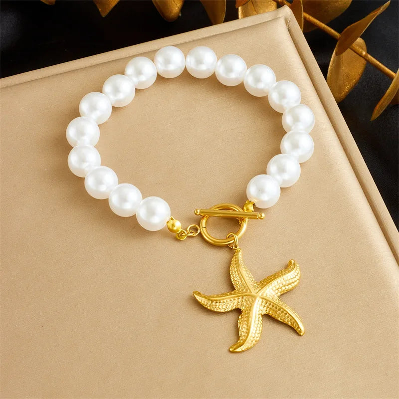 Women's French Vintage Design Pearl Chain Gold-plated OT Clasp Stainless Steel Scallop Starfish Pendant Bracelet Necklace Set