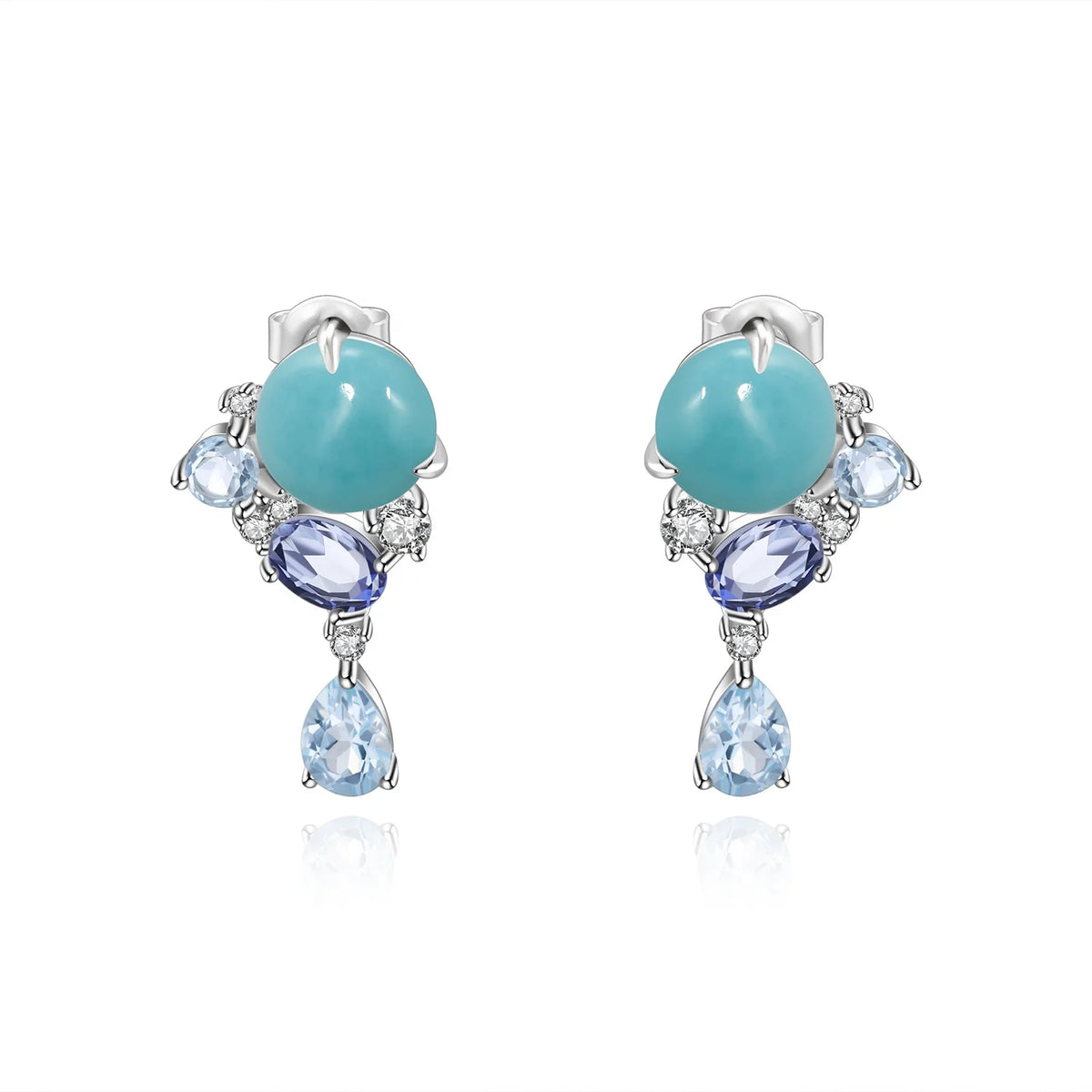 ArtistA C7646 Abiding Delicate Mix Gemstone Amazonite Blue Topaz Mystic Quartz 925 Silver Earrings Ring Jewelry Set