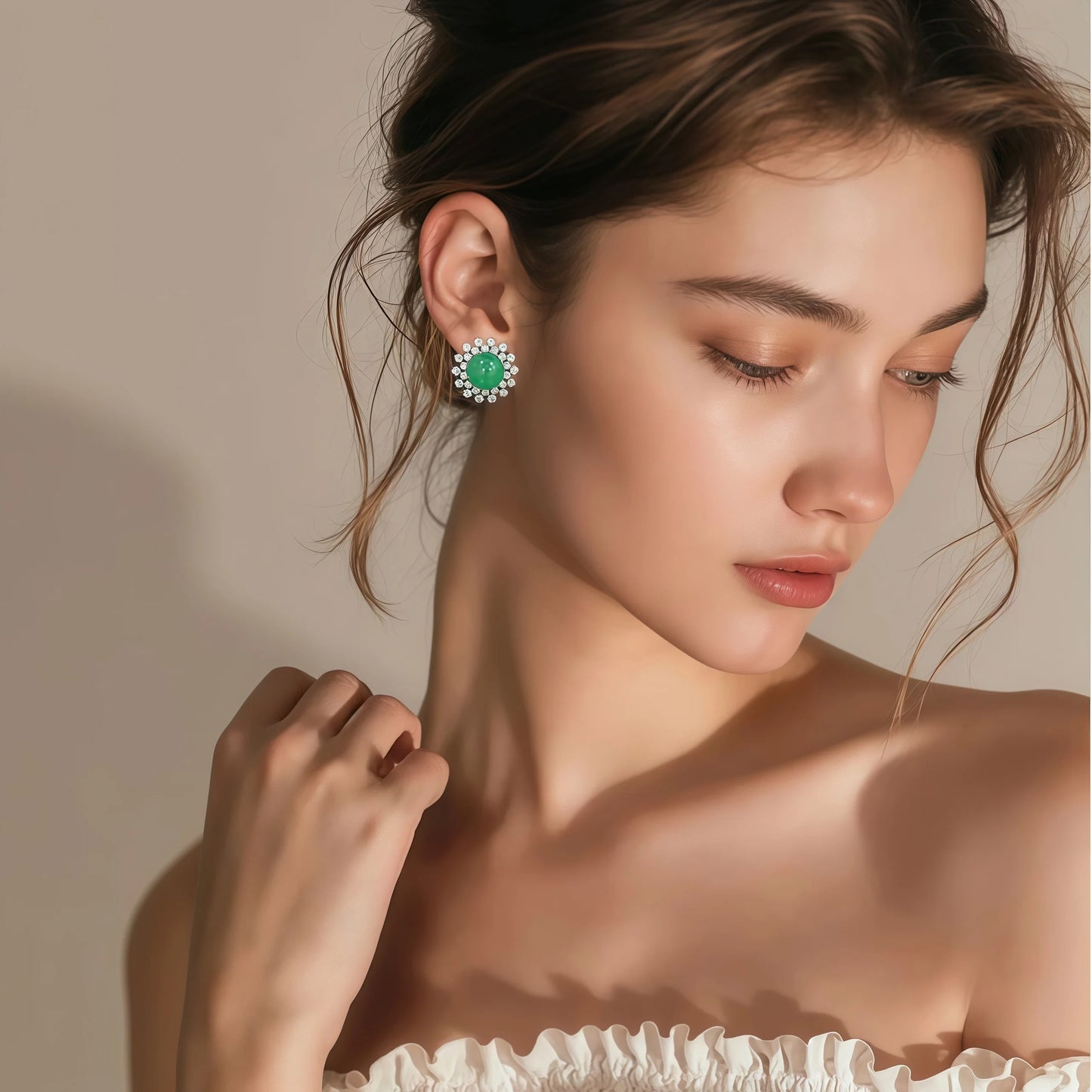 MUSHAN Jewelry Factory 925 Sterling Silver Stud Earrings High Carbon Diamond with Musa Green Natural Chalcedony Women Earrings