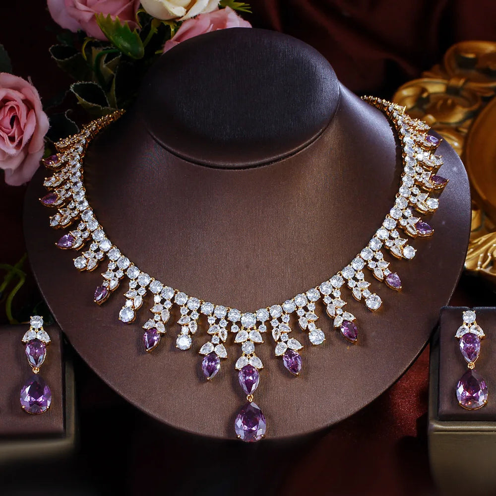 Luxury Pear-Cut Purple Zirconia Claw-Set Necklace & Earrings Bridal Set — Gold Plated