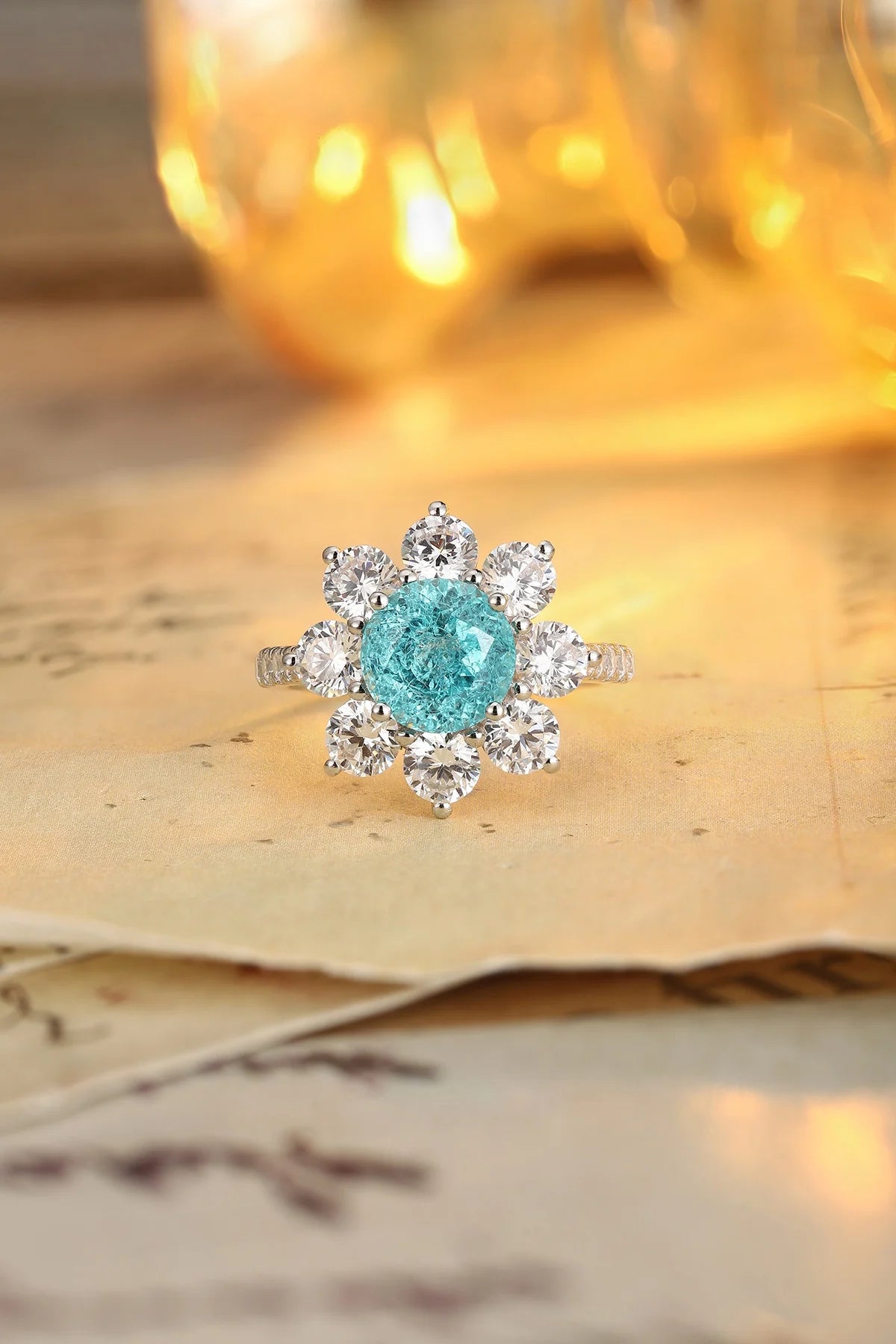 Gemfiori Anster 925silver Round Lab Grown Paraiba and Moissanite Ring for Women Customized Service Rings Acceptable