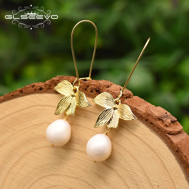 GLSEEVO Natural Freshwater Baroque Pearl & Gold Flower Leaves Jewellery Set — Necklace, Earrings & Bracelet