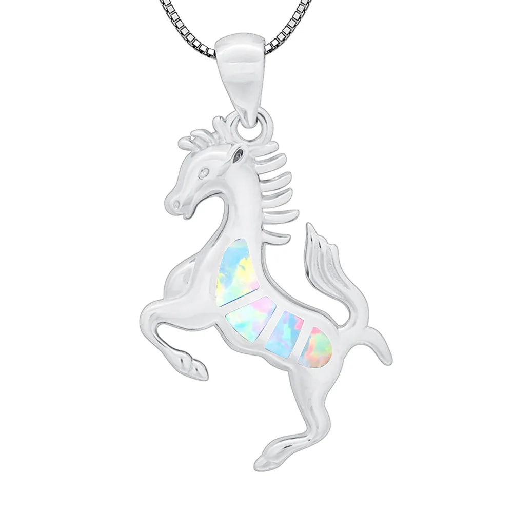 Delicate Western Horse Pendant-Copper Silver Plated White Opal Sweater Chain Link Chain Trendy for Women's Layering Look
