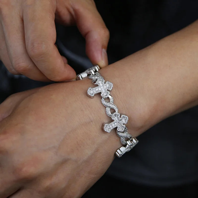 S&S Custom 3 Tone Silver Plated Hip Hop Jewelry Iced Out Bling 5A CZ Multi Cross Infinity Link X Shape Cuban Chain Bracelet for Men