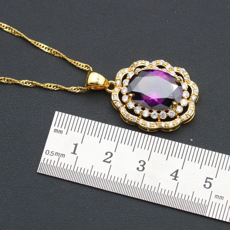Luxurious Purple Zirconia Gold Color Bridal Jewelry Sets for Women Wedding Earrings Pendant Ring Bracelet Chain Christmas Party