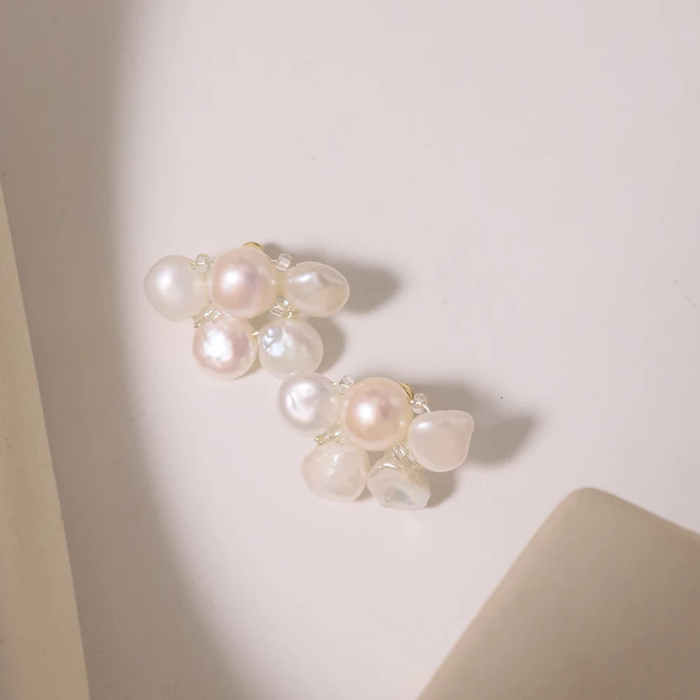 18K Gold Plated Stub One Baroque Pearl Pendant Earrings Natural Freshwater Pearl Flower Cluster Earrings for Ladies