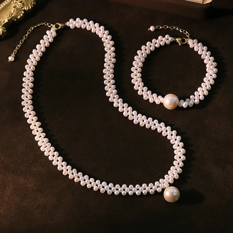 Natural Freshwater Pearl Braided Bracelet Necklace Set Handmade Design Set for Banquet Wedding Women's Jewelry GS0230