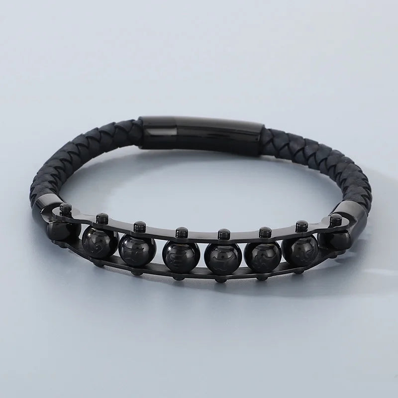 REBEL Trendy Mens Fashion Bracelets Bangles Stainless Steel Beads Leather Bracelet Bangle