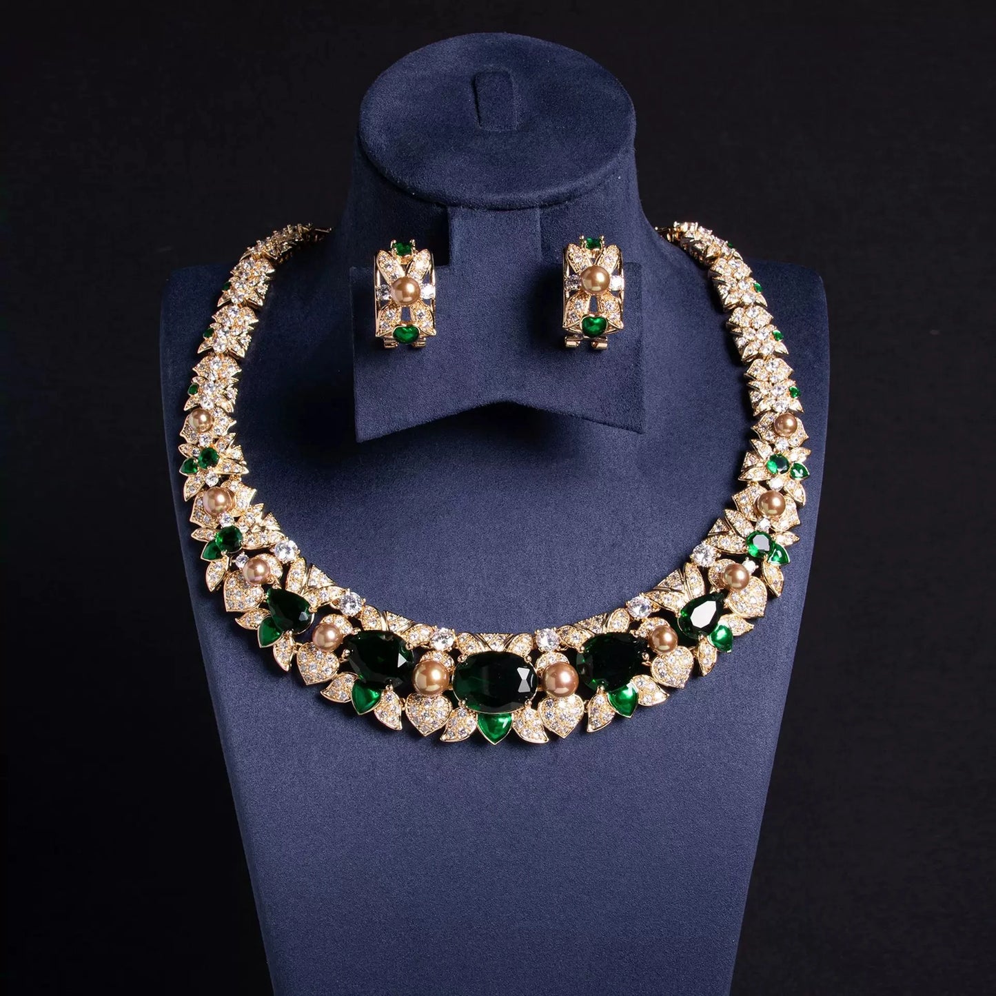 XM S301 Oval Cut Zircon & Pearl Statement Necklace & Earrings Set