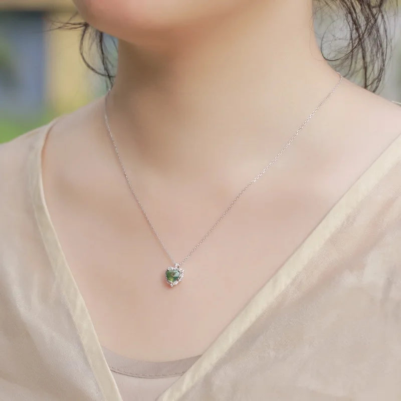Factory Wholesale Rhinestone Inlaid Green Moss Heart Pendant Clavicle Chain S925 Sterling Silver Necklace for Women