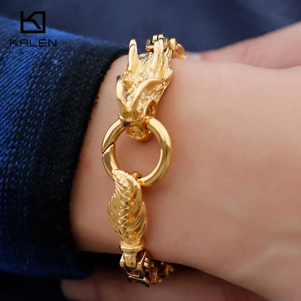 KALEN Stainless Steel Gold/Black Dragon Charm Bracelets for Men