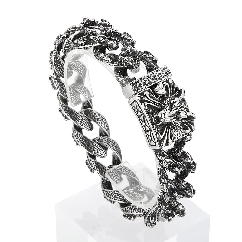 VIKING Mens Punk Wolf Pattern Link Bracelet – Silver Stainless Steel