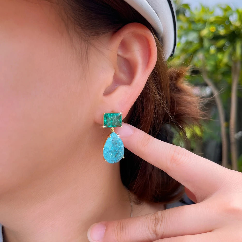 S&S Blue Ice Crack Water Drop CZ Dangle Earrings – Gold Plated – Collection