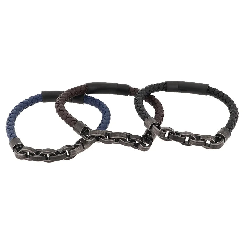 KALEN 210mm Men Vintage Multiple Style Stainless Steel&Cowhide Leather Bracelets