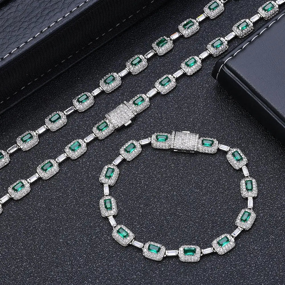 Luxury Bling CZ Tennis Necklace for Men and Women Geometric Link Chain with Classic Emerald Zircon Charm