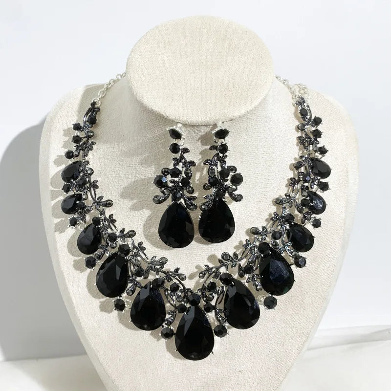 Luxurious Crystal Statement Necklace and Earrings Set Wholesale Teardrop Rhinestone Bridal Wedding Jewelry Set for Prom Party