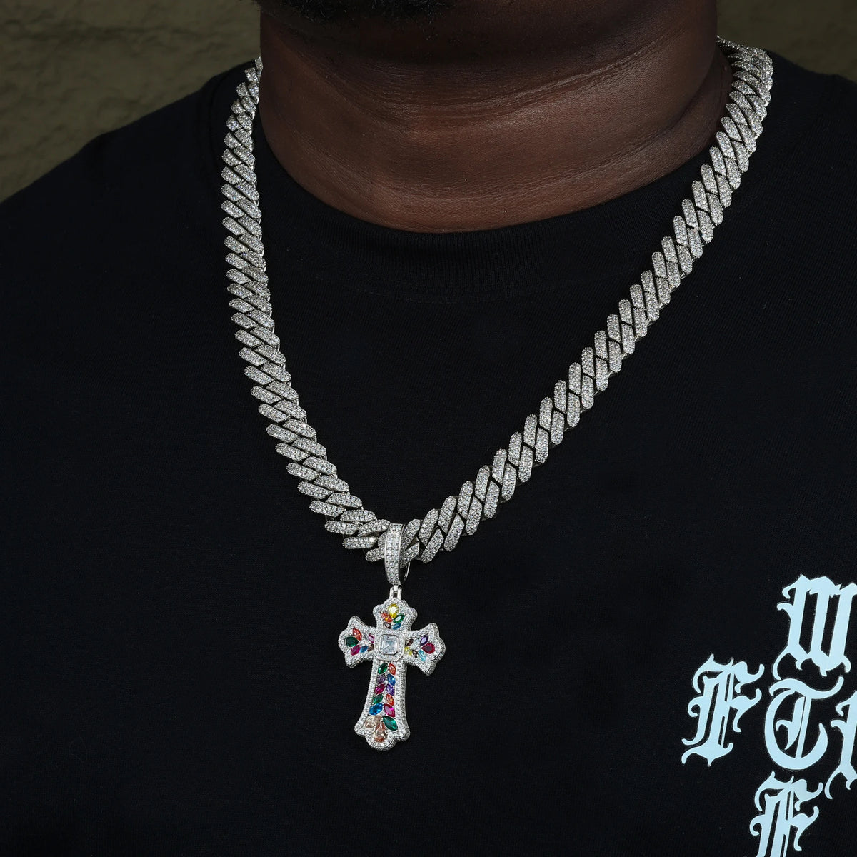 REBEL High Quality Multi Color Gemstone Iris Cross Pendant White Gold Plated Brass AAAAA CZ Diamond Iced Out Cross Charm Necklace