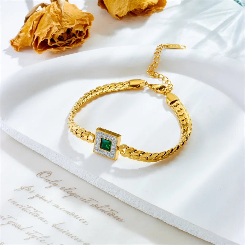 Gold Two-Layer Chain & Green Crystal Necklace & Bracelet Jewellery Set | Layered Luxury Set