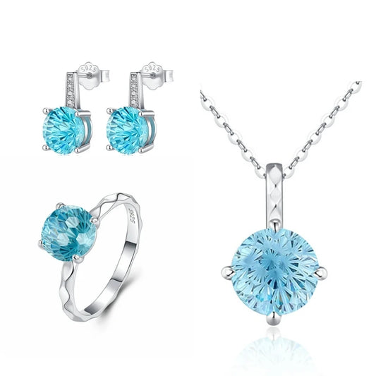 S&S Aqua Blue Zircon 925 Silver Jewellery Set | Fireworks Cut Rhodium Plated Ring, Necklace & Earrings | S&S Collection
