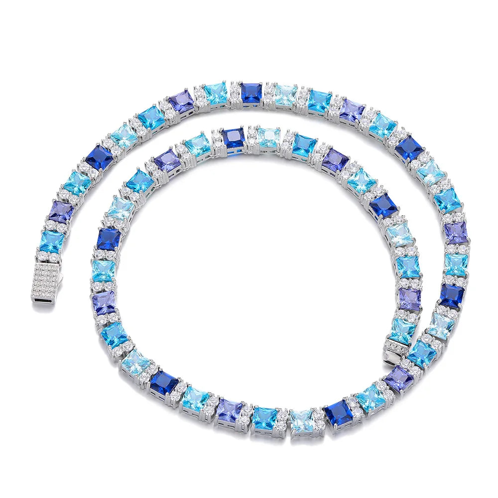 Factory Direct High Quality Blue Gemstone Cubic Zirconia Tennis Necklace 16-20inch Luxury Bling Hip-Hop Necklace