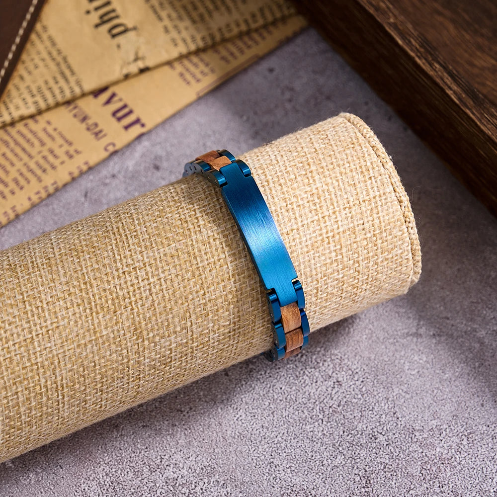Custom Brand Logo OEM Wholesale Men Women Vintage Stainless Steel Chain & Link Eco Friendly Wood Wrist Bracelet Gift