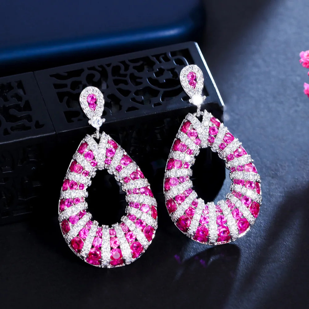 S&S Fuchsia Red Micro Pavé CZ Dangle Drop Earrings | Wedding Party | NewLife